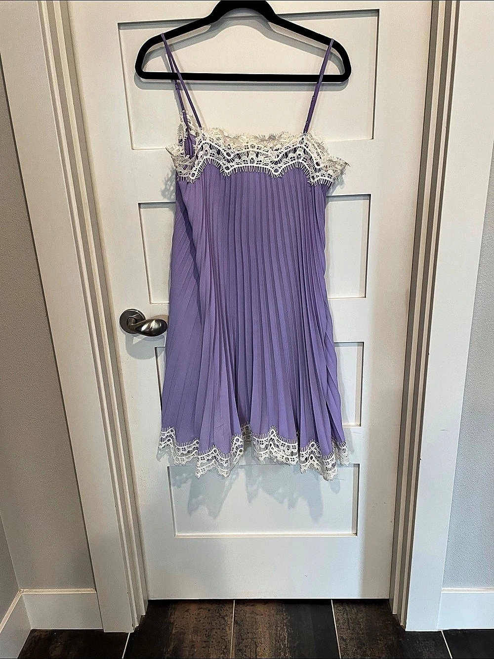 Moulinette Soeurs Pleated Lace Mini Dress in Purple & White Medium